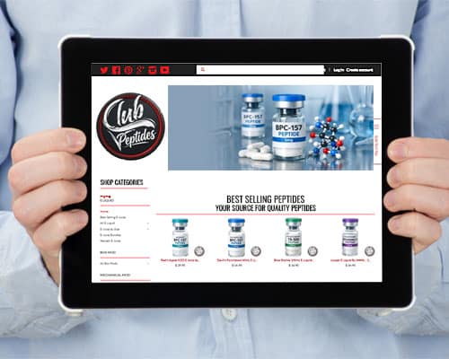 lpwebsite-club-peptides-usa club peptides usa ecommerce web site shown on a tablet
